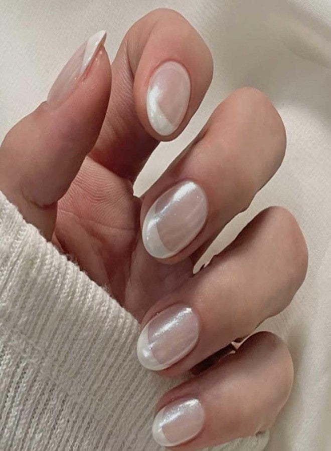 Foccna Short Press on Nails French White Fake Nails Almond Acrylic False Nails,Artificial Nails for Women 24pcs - Image 1